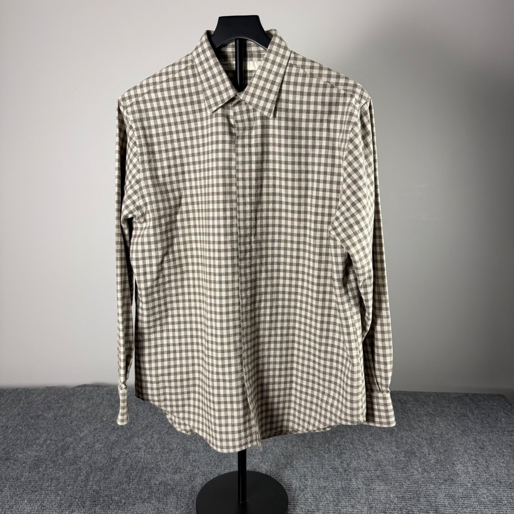 Perry Ellis Mens Brown Gingham Cotton Cashmere Blend Button Down Shirt Large